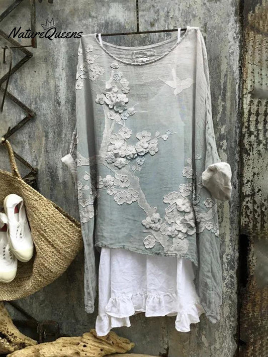 Women's Floral Art Print Casual Cotton And Linen 3/4 Sleeve Shirt