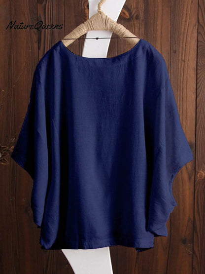 Women's Solid Color Loose Elegant Bat Sleeve Casual Cotton And Linen Shirt